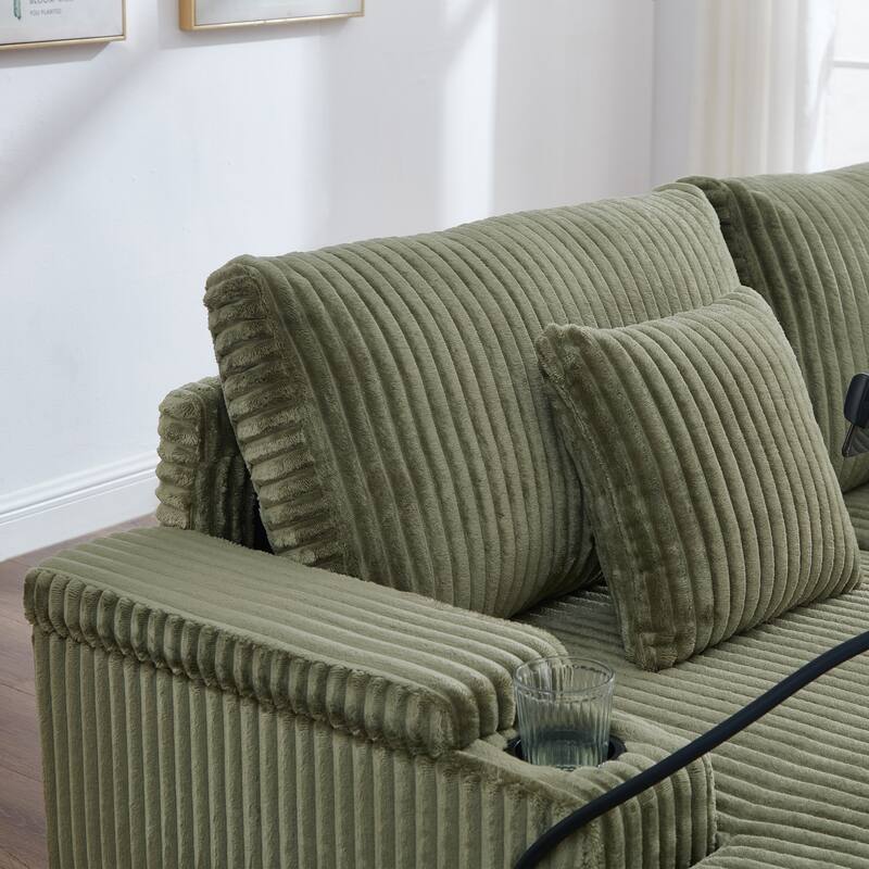 Corduroy Chaise Lounge Sofa Loveseat Sleeper Sofa with Adjustable Backrest, Cup Holders, Phone Holder and Dual Storage Armrest