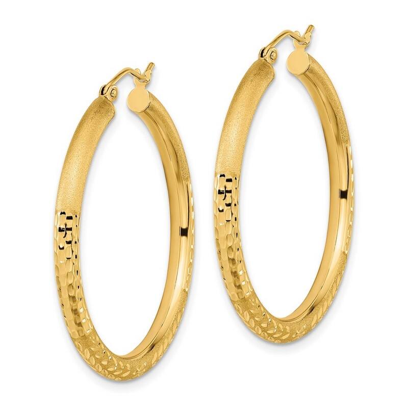 Curata 14k Yellow Gold Satin Half Diamond Cut 36x3mm Classic Hoop Earrings