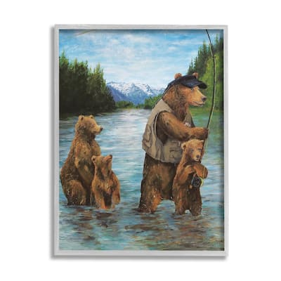Stupell Brown Grizzly Bear Family Fishing Mountain Lake Landscape Framed Wall Art