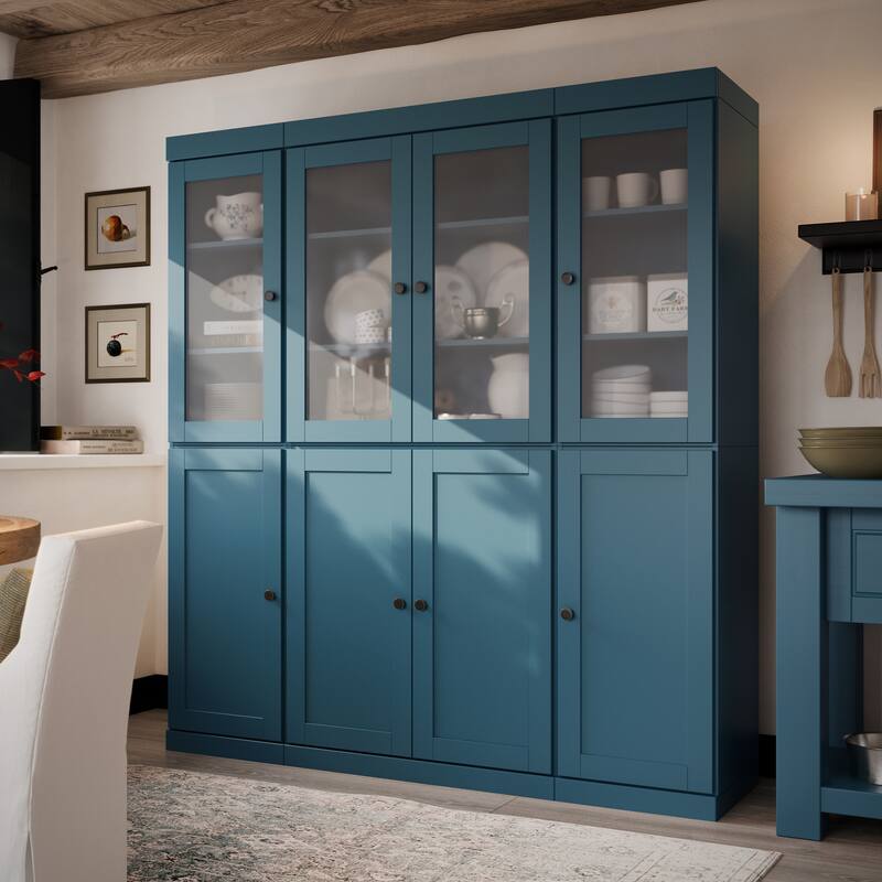 Palace Imports 100% Solid Wood 65" Pantry Cabinet with Frosted Glass, Shaker Doors and Adjustable Shelves - Teal Blue