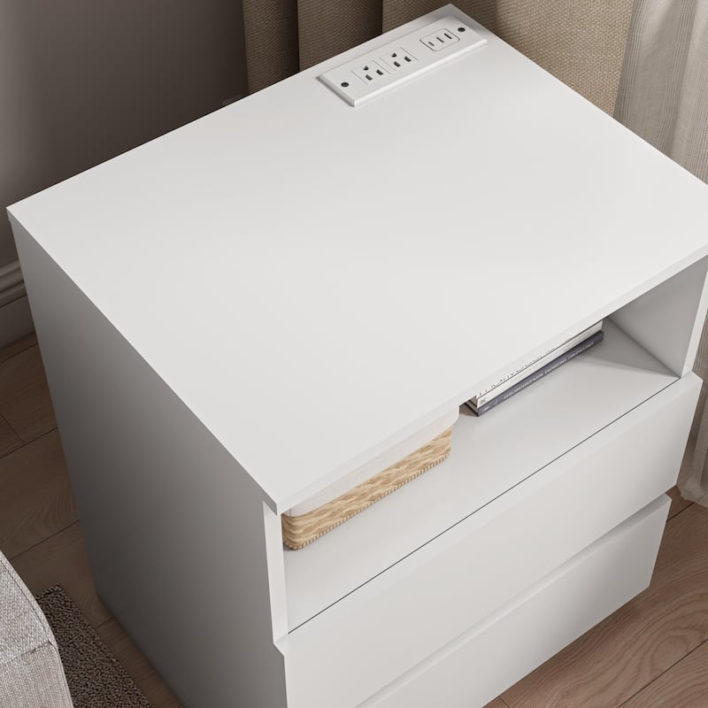 Nightstand with Charging Station, Sofa Side Table with Open Shelves & 2 Drawers, Large Capacity Wood Storage Cabinet