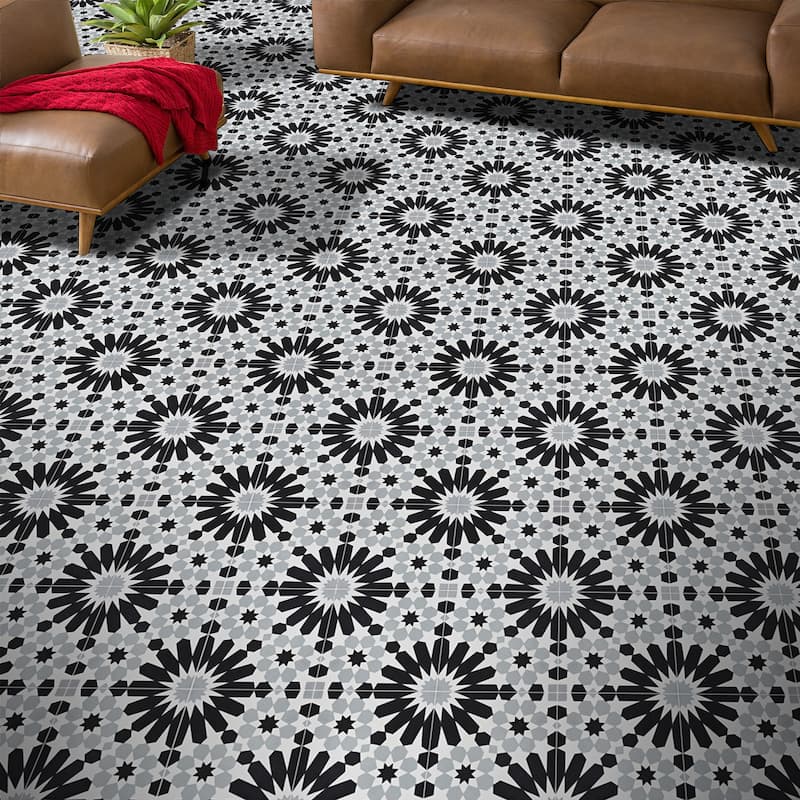 Agdal Handmade Cement Tile, 8x8, Black-Grey