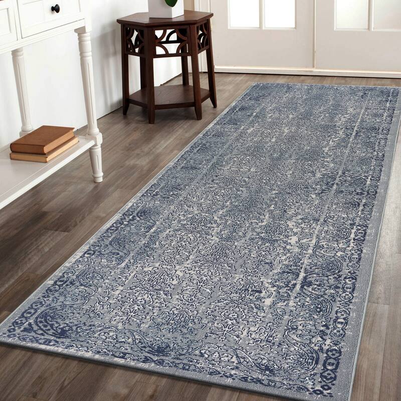 Sevita Carved Transitional Damask Polyester Area Rug, Blue and Silver