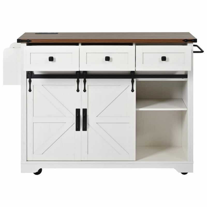 53.5'' Farmhouse Kitchen Island with Power Outlet, Drop Leaf, Spice Rack, Drawer, and Wheels