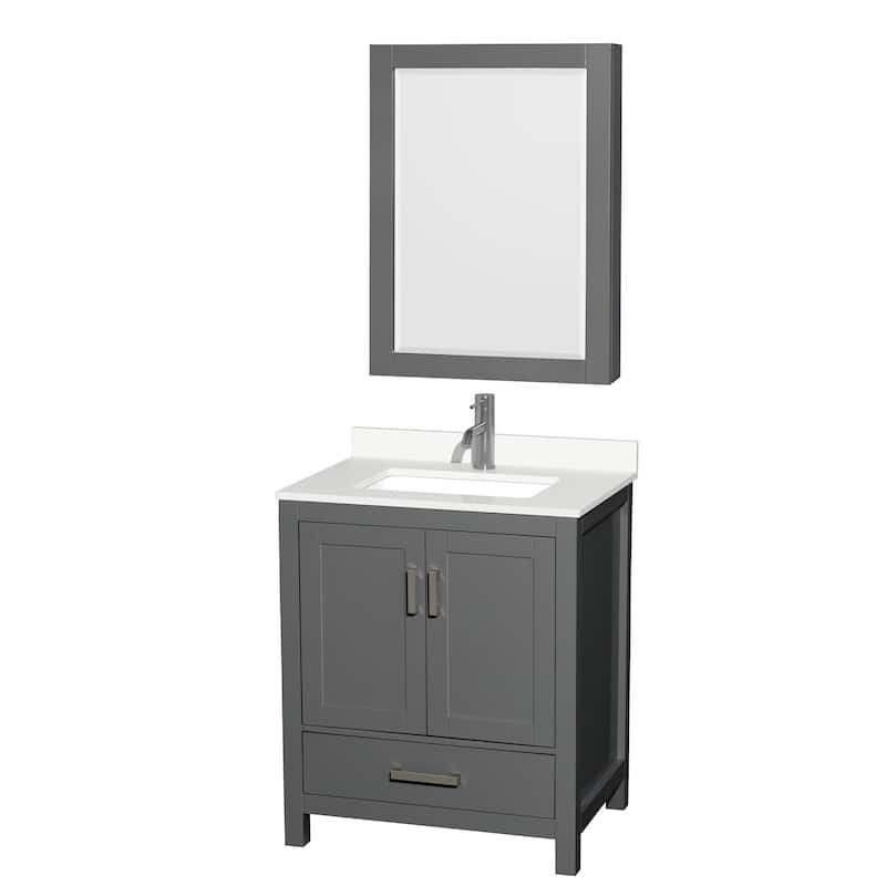 Sheffield 30-inch Single Vanity, Single Hole Quartz Top, Med Cabinet - Dark Gray, Chrome Trim, White Quartz Top