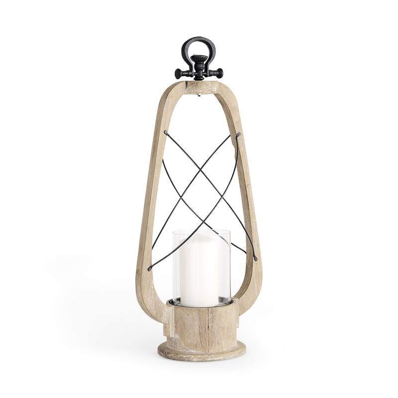 25" Brown Distressed Abstract Solid Wood And Metal Tabletop Lantern Candle Holder