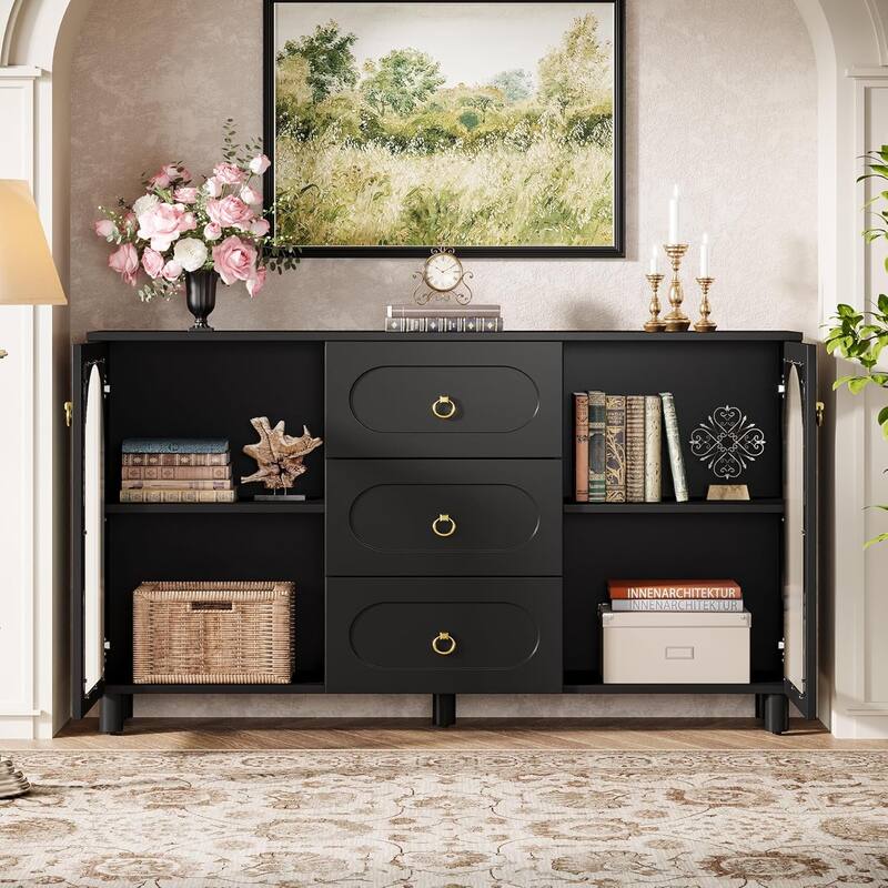 59" Large Buffet Cabinet with Storage, Wooden Storage Cabinet with 2 Acrylic Doors & 3 Drawers