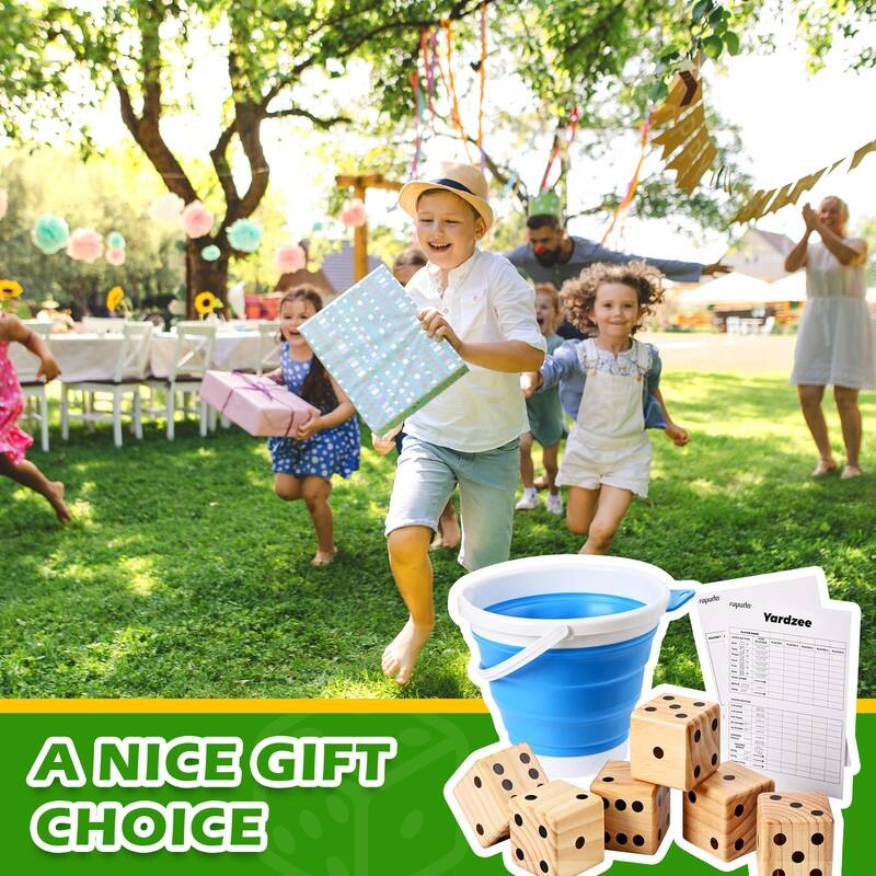 3.5 in Giant Wooden Yard Dice Set, includes 6 Dice, Collapsible Bucket, Score Cards & Dry Erase Marker - N/A