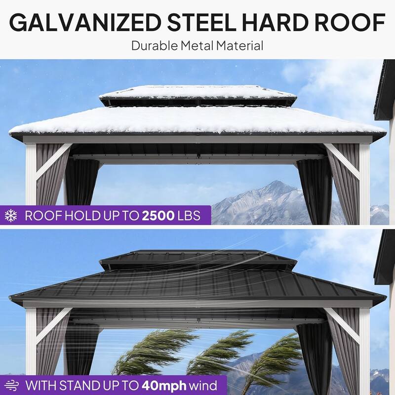 PURPLE LEAF Patio Hardtop Gazebo for Outdoor Grey Galvanized Steel Double Roof White Aluminum Poles