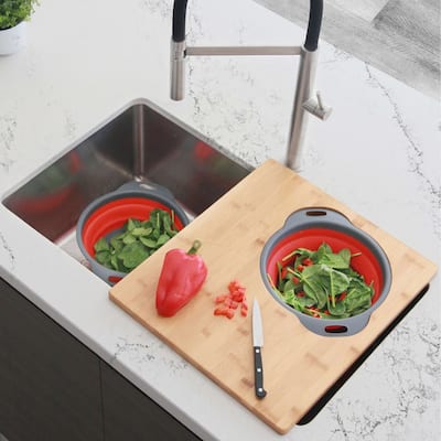 STYLISH Bamboo Over the Sink Cutting Board with Collapsible Bowl and Collander - 15.875" x 18"