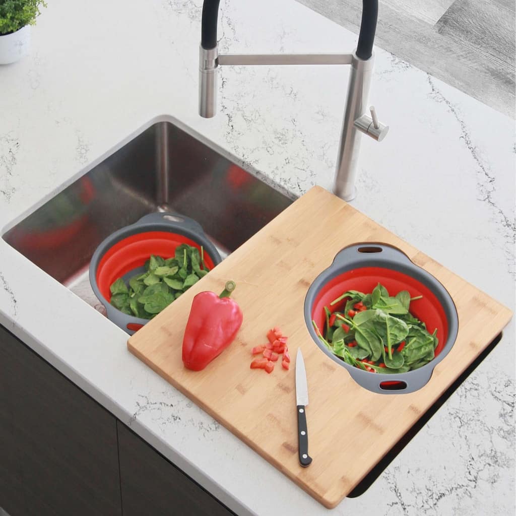 STYLISH Bamboo Over the Sink Cutting Board with Collapsible Bowl and Collander - 15.875" x 18"