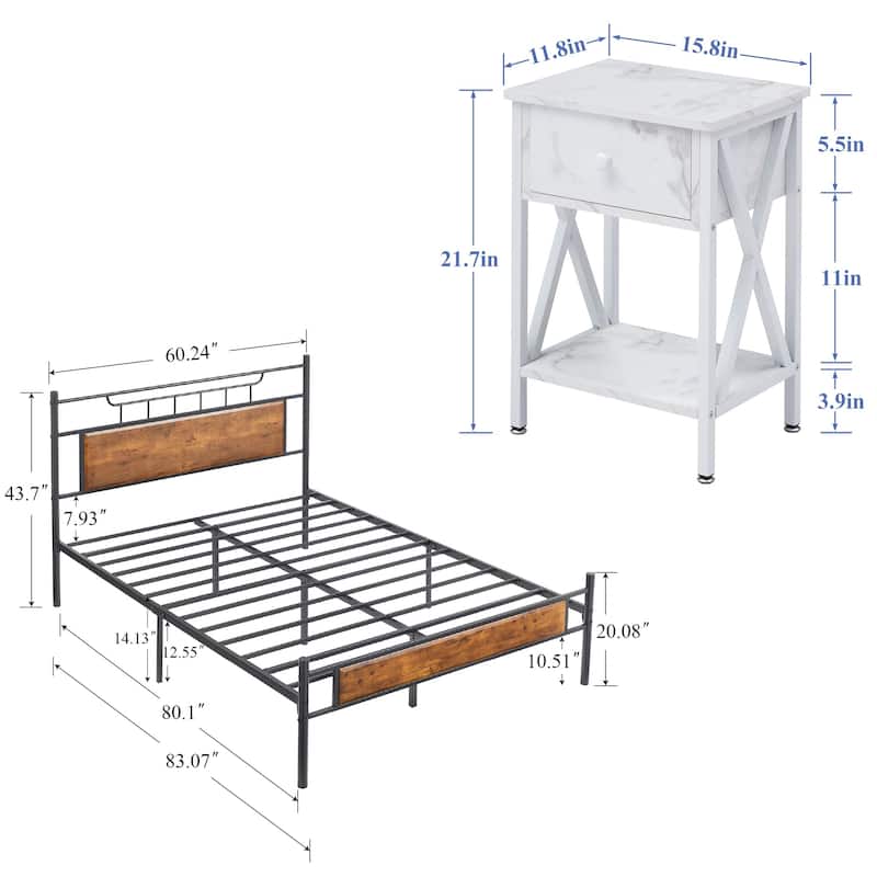 Taomika Mid Century 3-Pieces Bed and Nightstands Sets