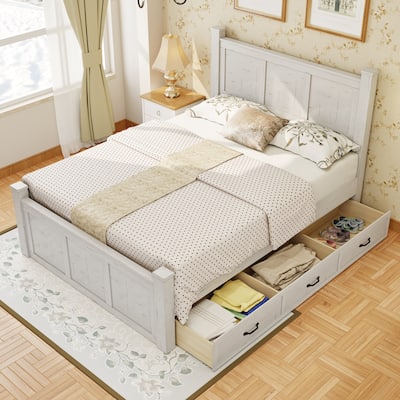 Farmhouse Wood Panel Bed Frame Four Poster Bed with 3 Storage Drawers, White Distressed Platform Bed Frame, Noise-Free