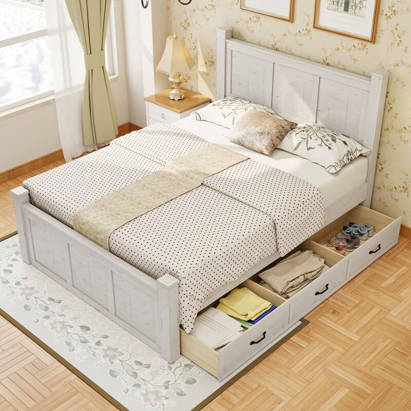 White Distressed Platform Bed Frame Wood Panel Bed w/ 3 Storage Drawers