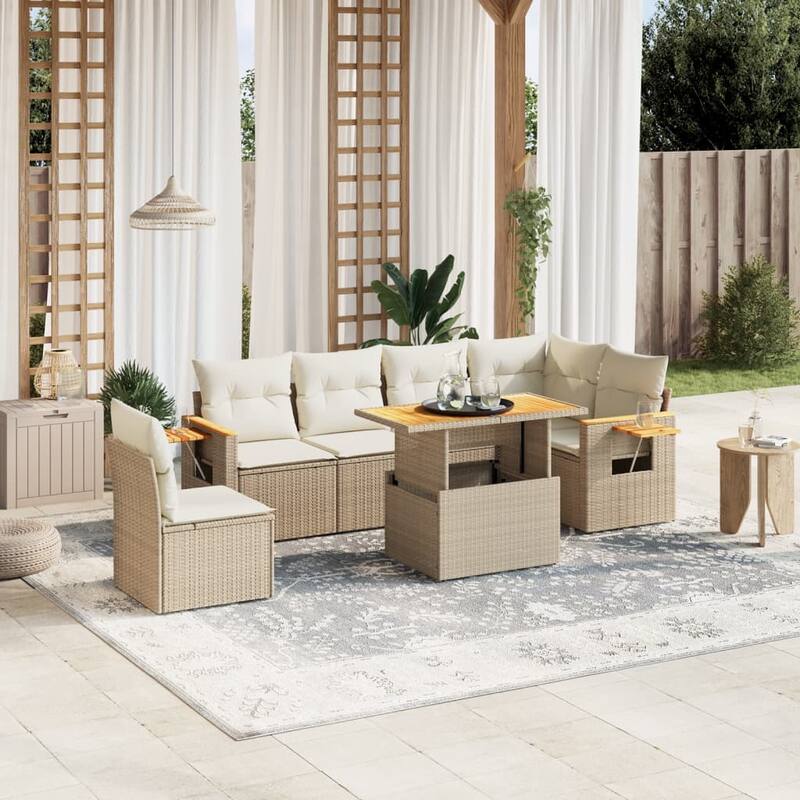 vidaXL Patio Sofa Set with Cushions Outdoor Furniture 7 Piece Poly Rattan - 21.7 x 39.4 x 28.7 in - Beige and cream