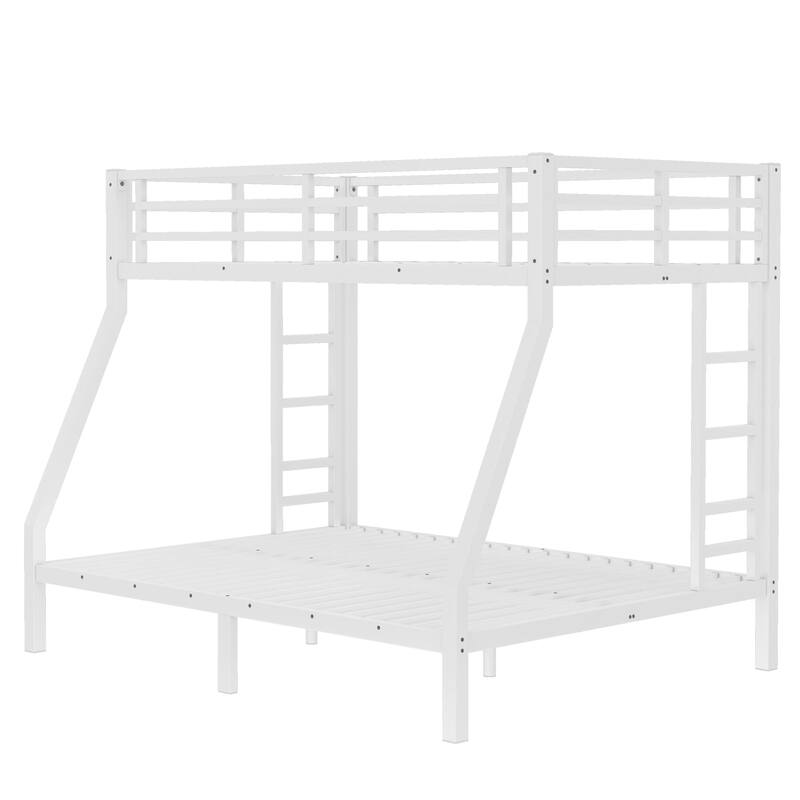 White Metal Twin over Full Bunk Bed Frame with Slats, 2 Side Ladder