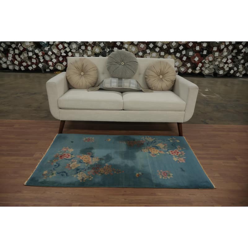 Hand Knotted Oriental 100% Wool Carpet Traditional Floral Green Art Deco Area Rug - 4' 11'' X 3' 1''