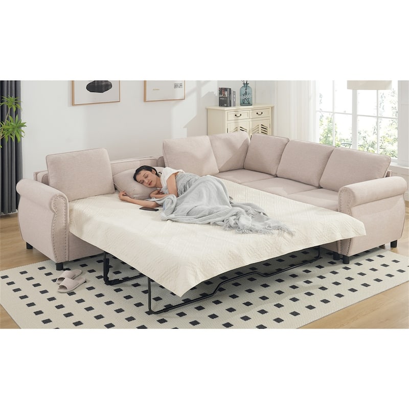 104'' 6-Seat L-Shaped Sectional Sleeper Sofa 2-in-1 Pull Out Couch Bed - Beige