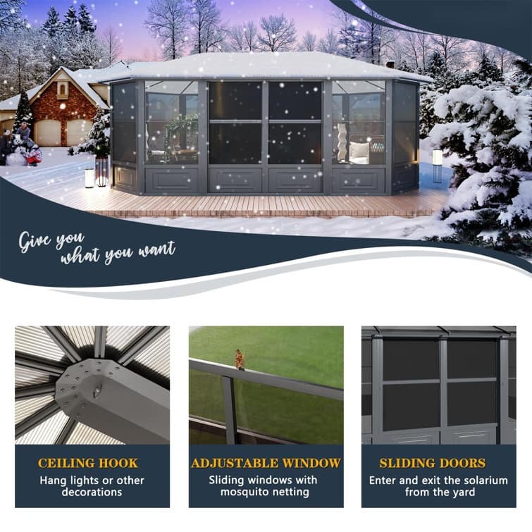 Erommy Outdoor Solarium Sunroom, Patio Hardtop Gazebo, Aluminum Frame Permanent Gazebo with Sliding Doors and Screens