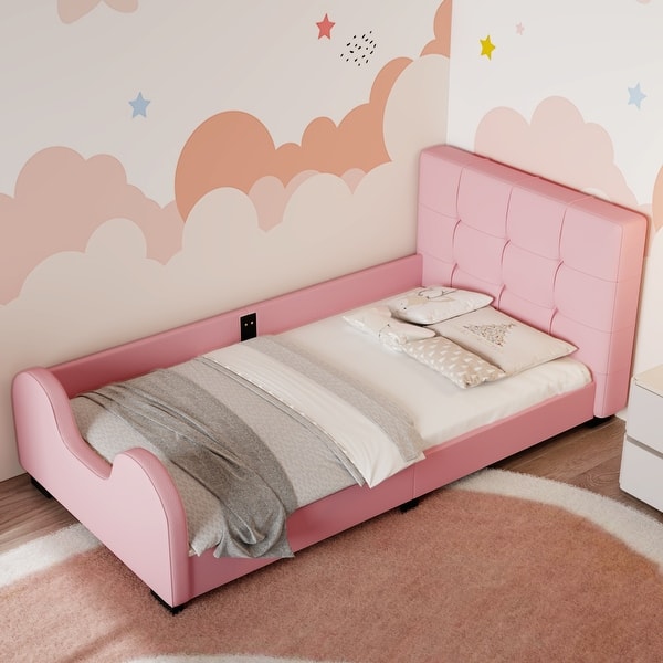 slide 2 of 30, Twin Size Upholstered Platform Bed with Headboard & Guardrail Pink - Twin