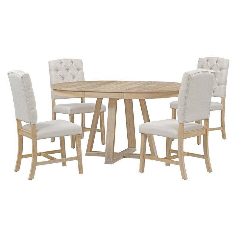 5-Piece Retro Functional Dining Set, Round Table with a 16"W Leaf and 4 Upholstered Chairs for Dining Room and Living Room