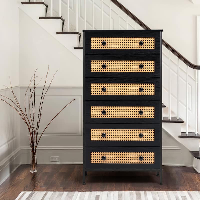 VredHom 6-Drawer PE Rattan Storage Cabinet Closet Dresser - Black