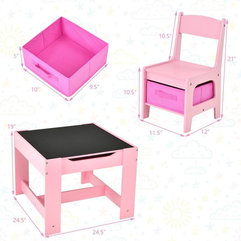 Kids Table Chairs Set With Storage Boxes Blackboard Whiteboard Drawing - 24.5" x 24.5" x 19"