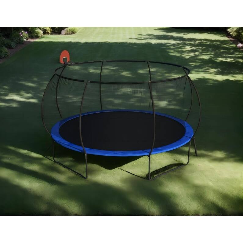 14 foot trampoline with safety fence - Outdoor backyard bouncing mat, including ladder and basketball board (including ball)