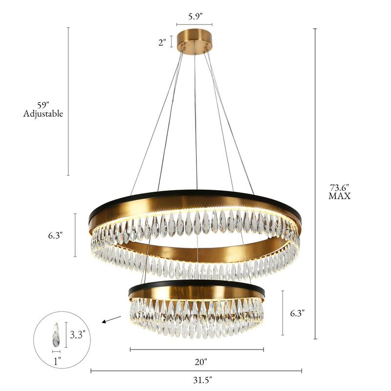 Modern LED Crystal Chandelier Luxury Black Gold Drum Light for Dining Living Room - D31.5" x H73" Max