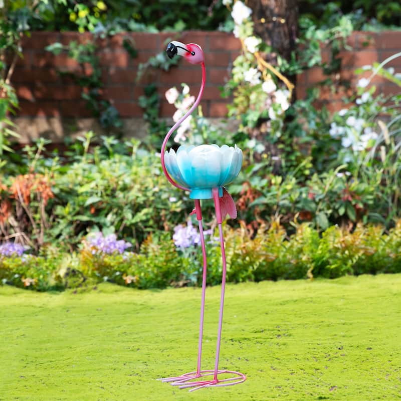  Glitzhome 26.25"H Standing Flamingo Solar Lighting Metal Statue for Outside Patio Lawn Balcony Backyard Decorations