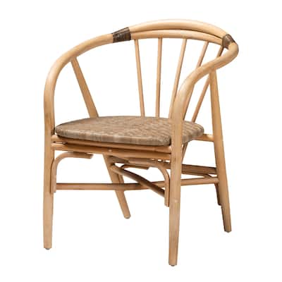 Rattan Dining Chair - Natural Brown Armrest Accent Chair - Boho Style Furniture for Kitchen or Dining Room