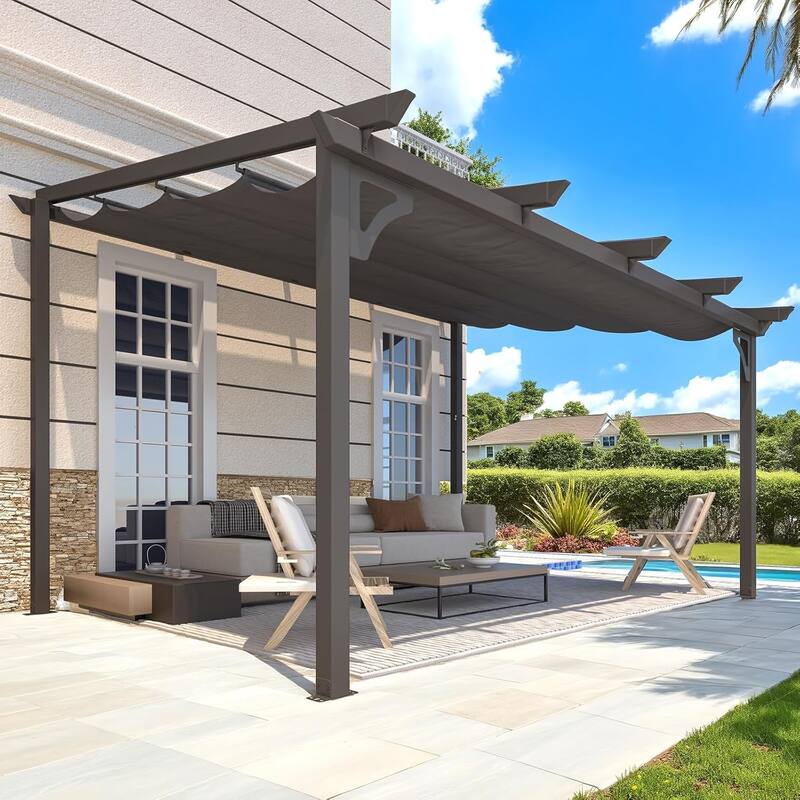 AECOJOY Outdoor Gazebo for Patio, Retractable Pergola with Adjustable Sun Shade Canopy Roof - 14' x 10'