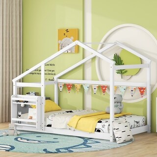 Twin Wooden House Bed with Shelf - Pine Wood Construction