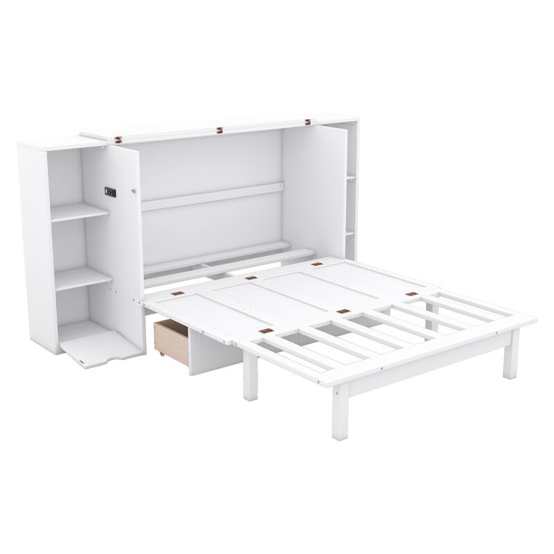 Full Size Murphy Bed Cabinet Wall Bed with Bookshelf & USB Ports, Space-Saving Murphy Bed Foldable Into White Storage Cabinet
