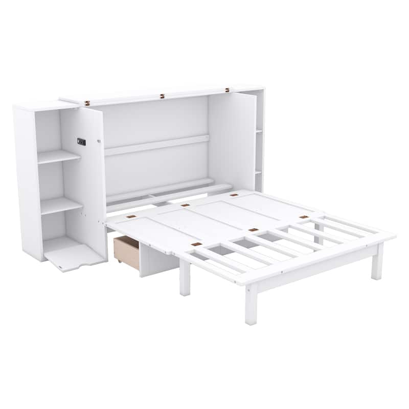 White Full Size Murphy Bed with Shelves, Drawers, and LED Lighting