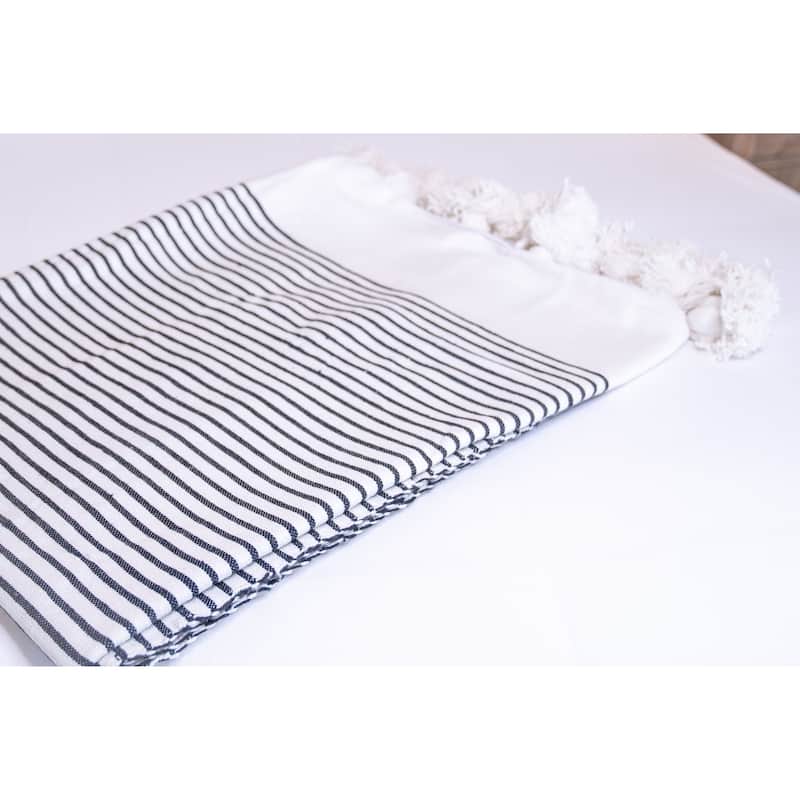 Handwoven Moroccan Blanket with Pom Pom in White and Black