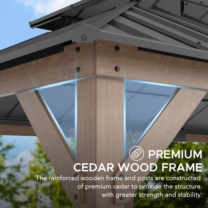 Sunjoy 12x20 ft. Wood Gazebo, Outdoor Patio Steel Hardtop Gazebo, Cedar Framed Wooden Gazebo with 2-tier Metal Roof