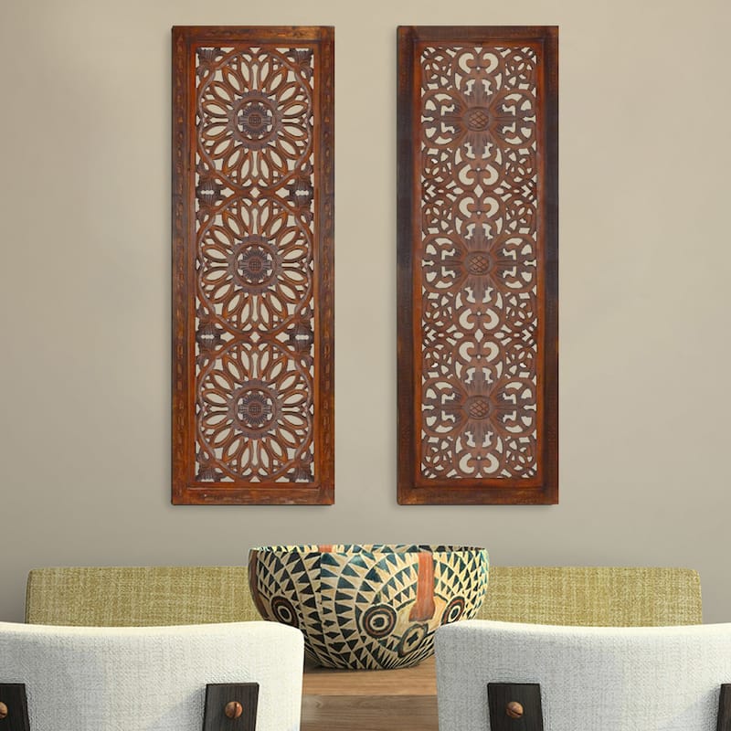 2 Piece Mango Wood Wall Panel Set with Mendallion Carving, Burnt Brown - Brown