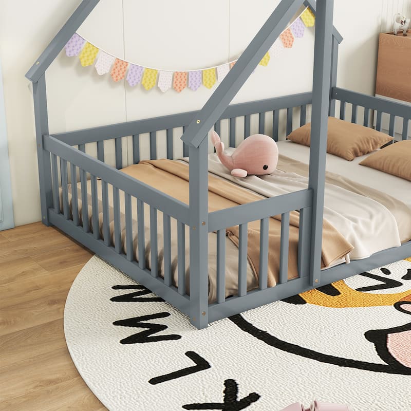 Grey Full Size Pine Wood House-Shaped Floor Bed with Guardrails