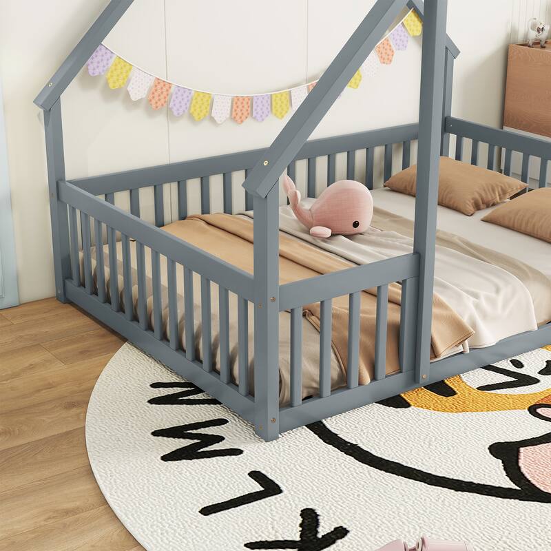 Pine Wood House-Shaped Floor Bed with Guardrails
