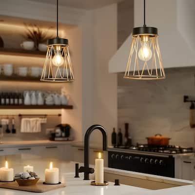 Modern Industrial 1-light Black Gold Pendant Light Cage Bent Linear Design Kitchen Island Light for Dining Room - 7.1" W × 9.1"H