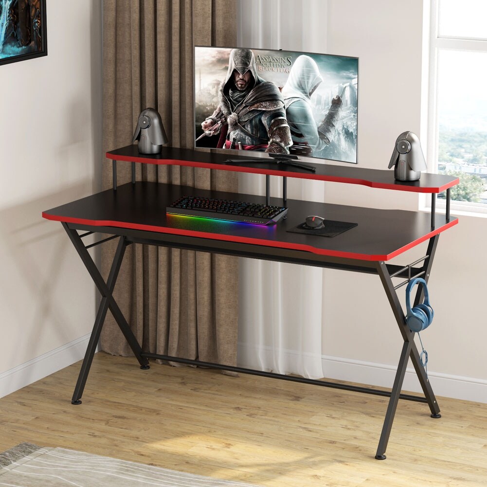 Large Gaming Desk With Monitor Stand Ergonomic Pc Gaming Table Black Red On Sale Overstock 30505535 Cable management box desk with keyboard tray built in hutch. large gaming desk with monitor stand ergonomic pc gaming table black red