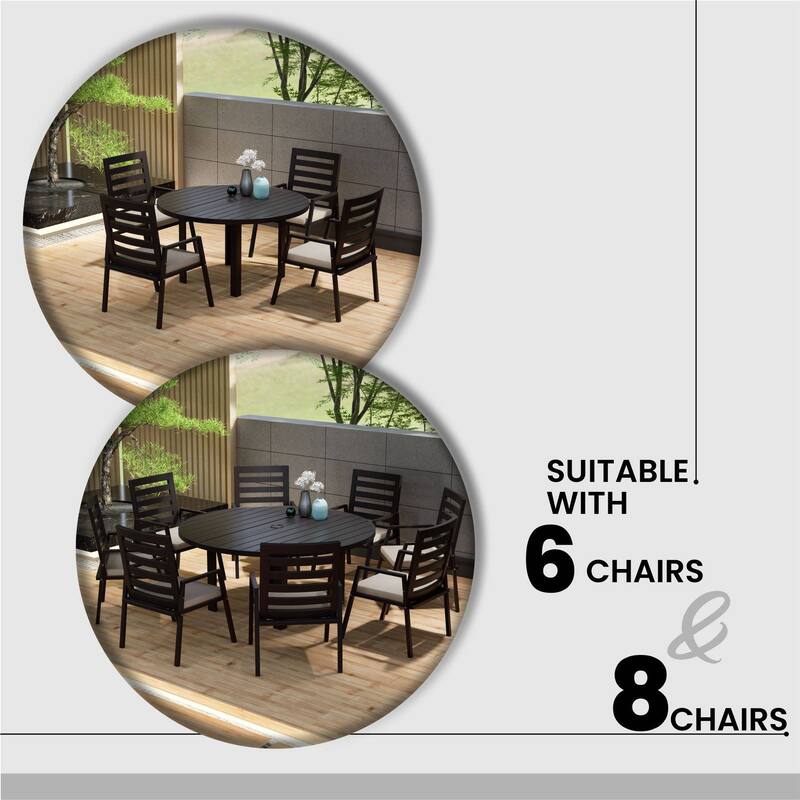 Round Dining Table Powder-Coated Aluminum Top with Slatted Design and Umbrella Hole for Family Gatherings & Parties
