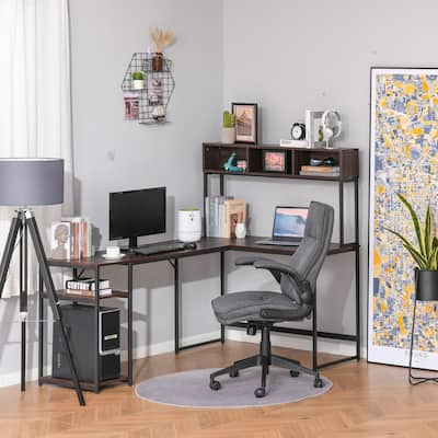 HOMCOM L-Shaped Home Office Desk with Large Tabletop Workspace, Bottom Tower Shelf, and 3 Cube Shelves, Walnut Brown