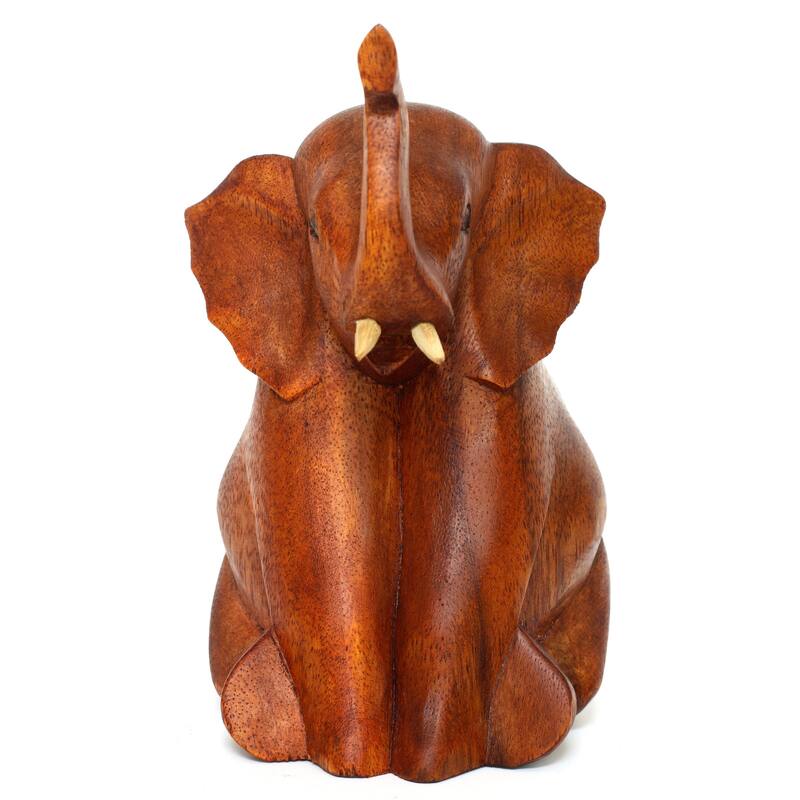 Wooden Hand Carved Sitting Elephant Statue Figurine Sculpture Decorative Home Decor Accent Handmade Handcrafted Decoration Wood