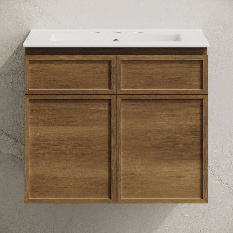 St. Tropez 24" Wall-Mounted Bathroom Vanity In Brown Oak With 3-Hole Widespread Sink Top - 24