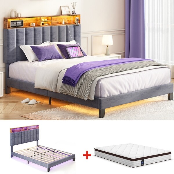 Full and Queen Bed Frame Velvet Platform Bed with Wingback
