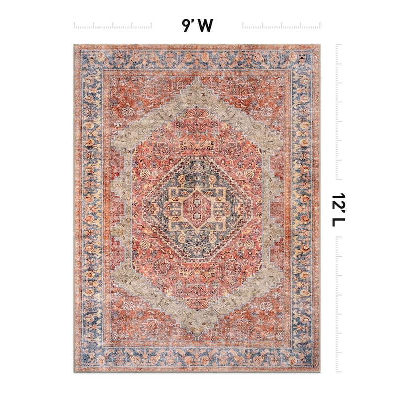 Beige Medallion Flat Pile Washable Rug - Pet Friendly, Non-Slip for Entryway and Bedroom