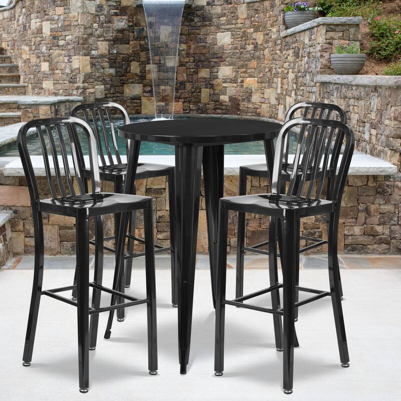 30'' Round Metal Indoor-Outdoor Bar Table Set with 4 Vertical Slat Back Stools - 30"W x 30"D x 41"H - 30"W x 30"D x 41"H