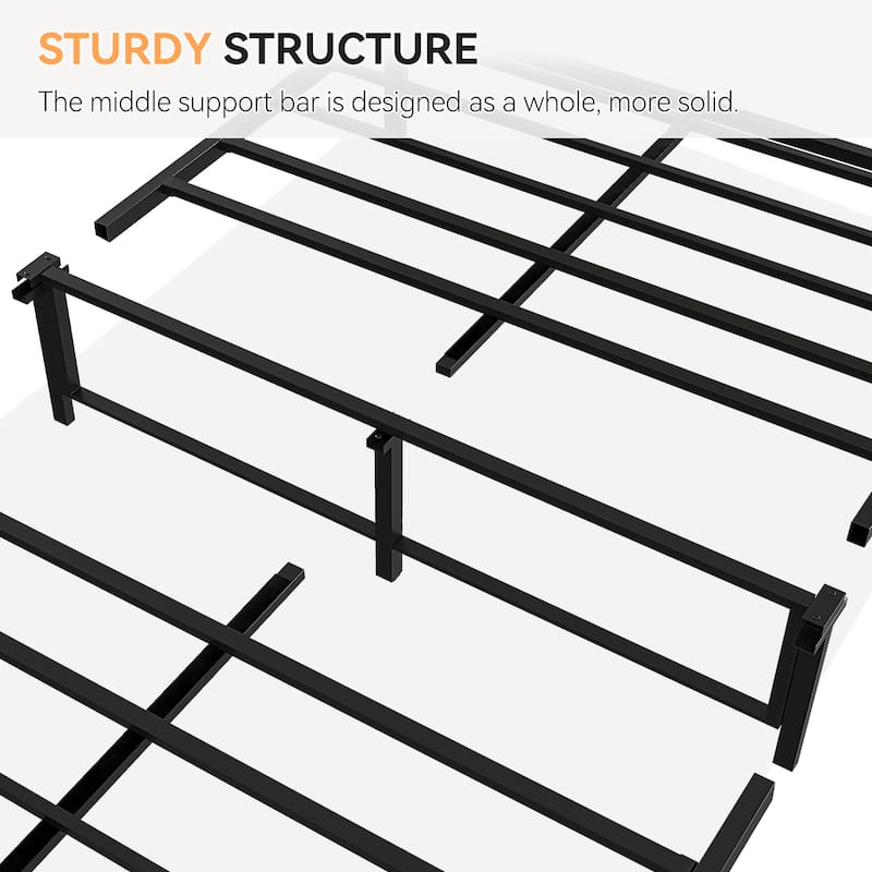 Boho Platform Bed Frame with Rattan Headboard, Heavy-Duty Metal Slat Support